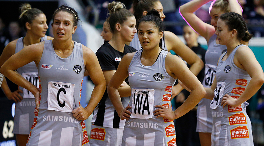 Ashleigh Brazill of the Magpies (L) and Kimiora Poi of the Magpies look dejected after the Super Netball Minor Semi Final match between the Melbourne Vixens and the Collingwood Magpies at the State Netball and Hockey Centre on September 01, 2019 in Melbourne, Australia. 