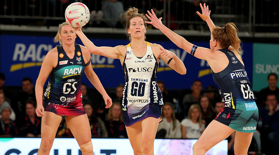 Karla Pretorius of the Lightning (C) passes during the round 13 Super Netball match between the Melbourne Vixens and the Sunshine Coast Lightning at Melbourne Arena on August 18, 2019 in Melbourne, Australia.