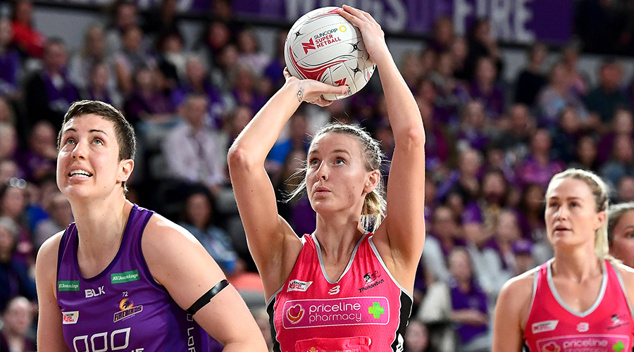 Sasha Glasgow of the Thunderbirds shoots during the round 12 Super Netball match between the Queensland Firebirds and Adelaide Thunderbirds at Brisbane Arena on August 11, 2019 in Brisbane, Australia.