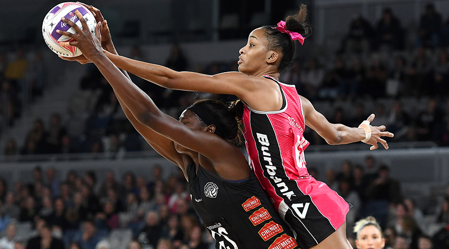 Shimona Nelson of the Magpies and Shamera Sterling of the Thunderbirds compete for the ball during the round 4 Super Netball match between the Magpies and Thunderbirds at Melbourne Arena on May 17, 2019 in Melbourne, Australia. 