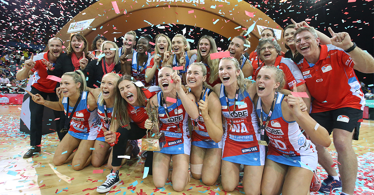 The Swifts celebrate the win with the trophy during the Super Netball Grand Final match between the Sunshine Coast Lightning and the Sydney Swifts at Brisbane Entertainment Centre on September 15, 2019 in Brisbane, Australia.