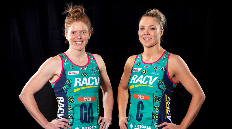 Tegan Philip and Kate Moloney in the Vixen's indigenous round dress