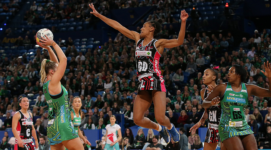Layla Guscoth of the Thunderbirds jumps to block a shot be Alice Teague-Neeld of the Fever during the round 8 Super Netball match between the Fever and the Thunderbirds at RAC Arena on June 15, 2019 in Perth, Australia.