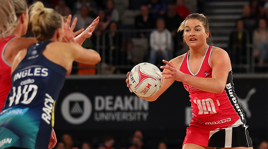 Maisie Nankivell of the Thunderbirds passes during the round 10 Super Netball match between the Vixens and the Thunderbirds at Melbourne Arena on July 28, 2019 in Melbourne, Australia. 