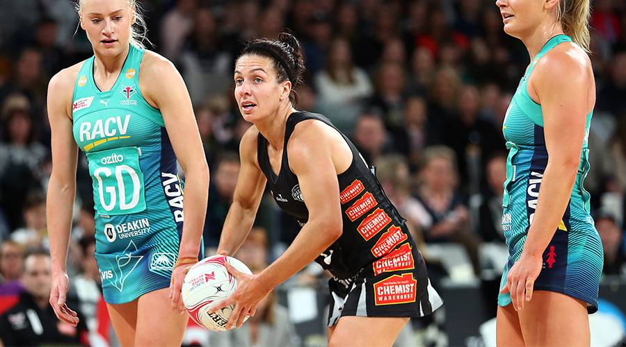 Ashleigh Brazill of the Magpies passes during the round 14 Super Netball match between the Collingwood Magpies and the Melbourne Vixens at Melbourne Arena on August 25, 2019 in Melbourne, Australia.