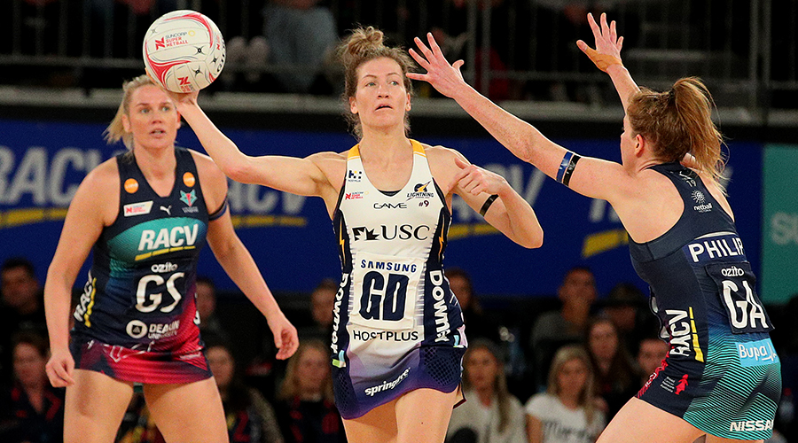 Karla Pretorius of the Lightning (C) passes during the round 13 Super Netball match between the Melbourne Vixens and the Sunshine Coast Lightning at Melbourne Arena on August 18, 2019 in Melbourne, Australia. 
