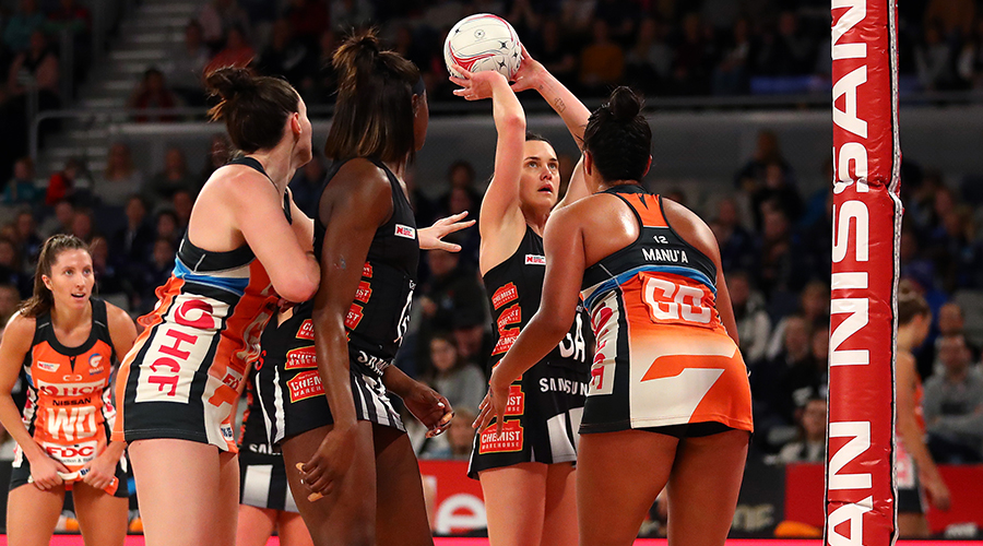 Natalie Medhurst of the Magpies shoots during the round 10 Super Netball match between the Collingwood Magpies and the Giants at Melbourne Arena on July 28, 2019 in Melbourne, Australia. 