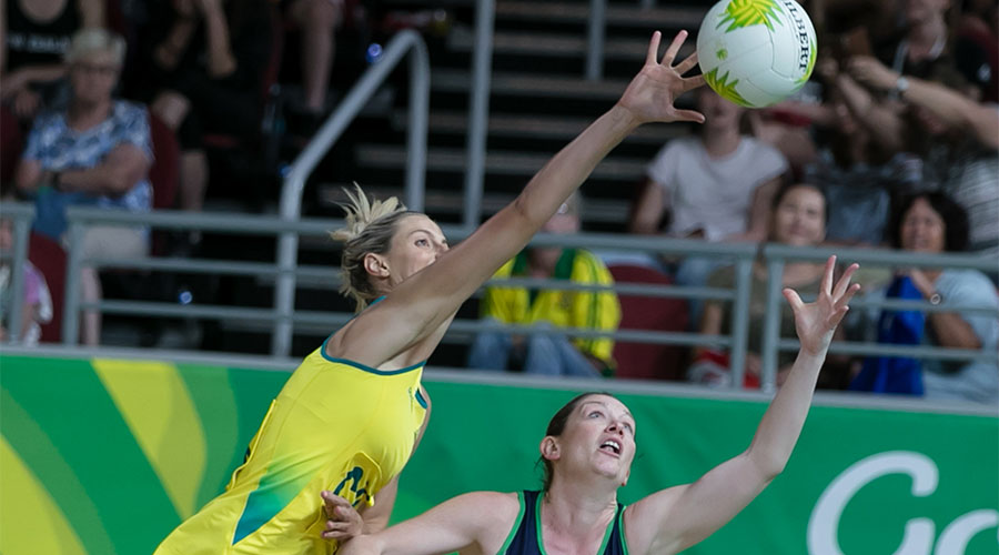 Laura Geitz reaching out for the ball against Northern Ireland shooter