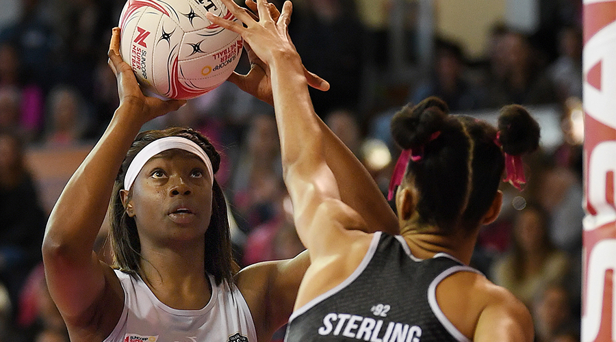 Collingwood Magpies goal shooter Shimona Nelson takes aim against the Adelaide Thunderbirds in Round 11 of the 2019 Suncorp Super Netball season at Priceline Stadium