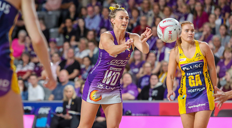 Gabi Simpson of the Firebirds with the ball during the Round 10 Super Netball match between the Queensland Firebirds and the Sunshine Coast Lightning at the Brisbane Arena in Brisbane, Saturday, July 27, 2019