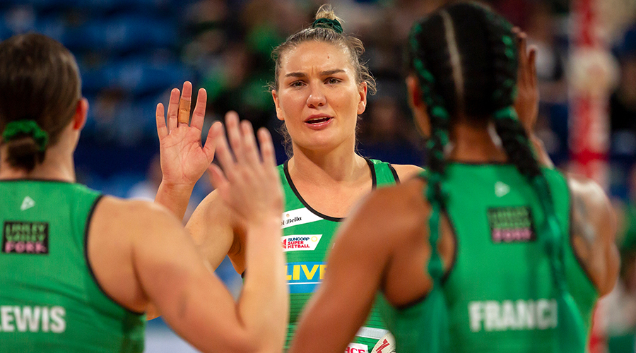 Courtney Bruce of the Fever during warm up before the Round 12 Super Netball match between the West Coast Fever and the Collingwood Magpies at the RAC Arena in Perth, Monday, August 12, 2019.