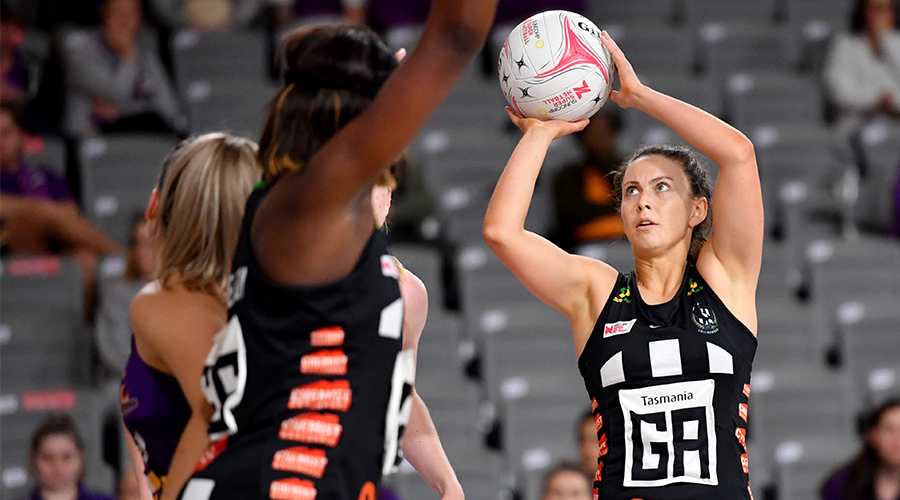 Gabrielle Sinclair (right) of the Magpies shoots for goal during the round 3 Super Netball match between the Queensland Firebirds and the Collingwood Magpies at Nissan Arena, Brisbane, Tuesday, August 11, 2020.