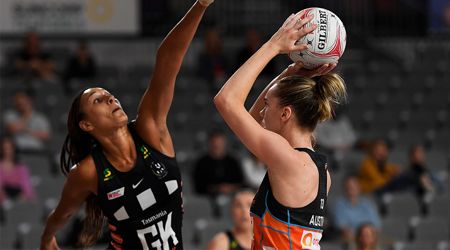 Kiera Austin of the Giants shoots during the Round 8 Super Netball match between the Collingwood Magpies and the GWS Giants at Nissan Arena, Brisbane, Saturday, August 29, 2020.