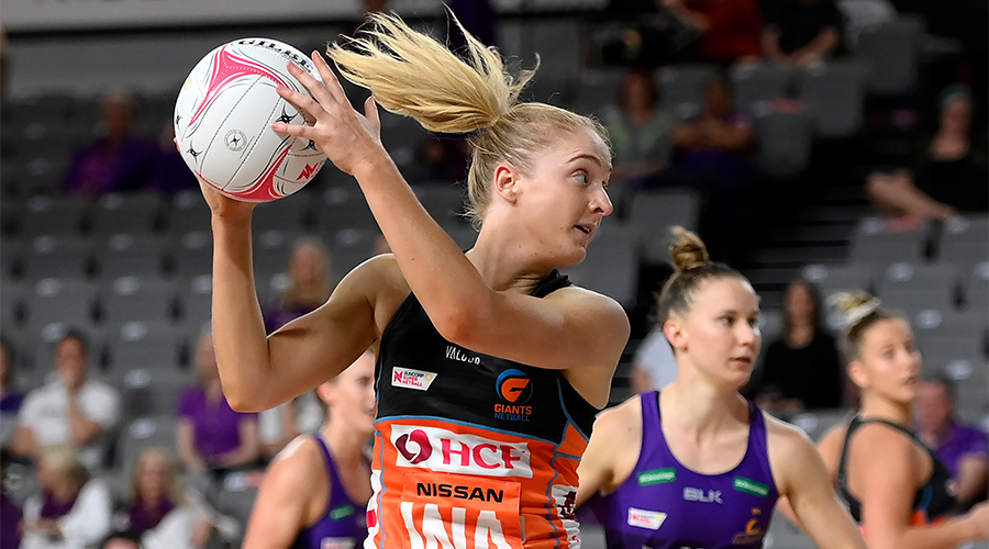 Maddie Hay of the Giants in action during the Round 4 Super Netball match between the Queensland Firebirds and GWS Giants at Nissan Arena in Brisbane, Saturday, August 15, 2020.