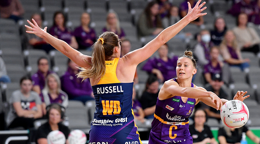 Mahalia Cassidy (right) of the Firebirds takes on Jacqui Russell (left) of the Lightning during the Round 1 Super Netball match between the Queensland Firebirds and Sunshine Coast Lightning at Nissan Arena in Brisbane, Saturday, August 1, 2020
