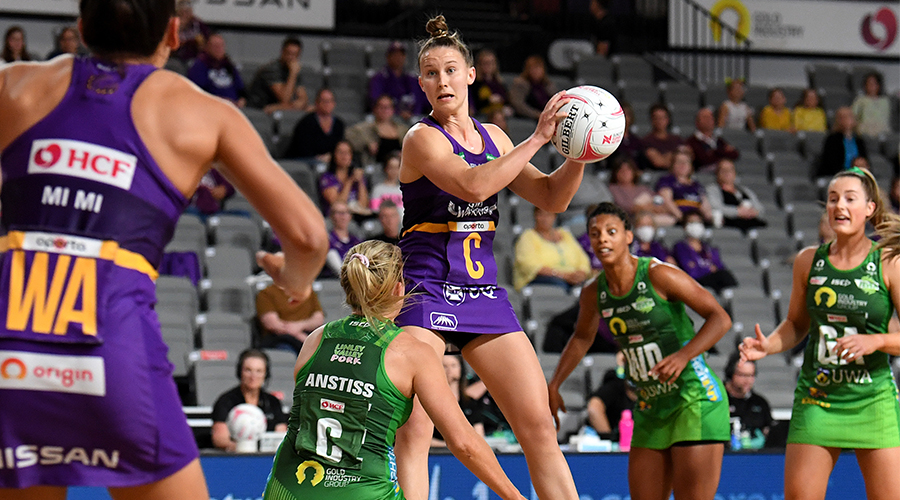 Romelda Aiken of the Firebirds (right) celebrates a point next to a dejected Sunday Aryang of the Fever during the Round 6 Super Netball match between the West Coast Fever and Queensland Firebirds at Nissan Arena in Brisbane, Saturday, August 22, 2020