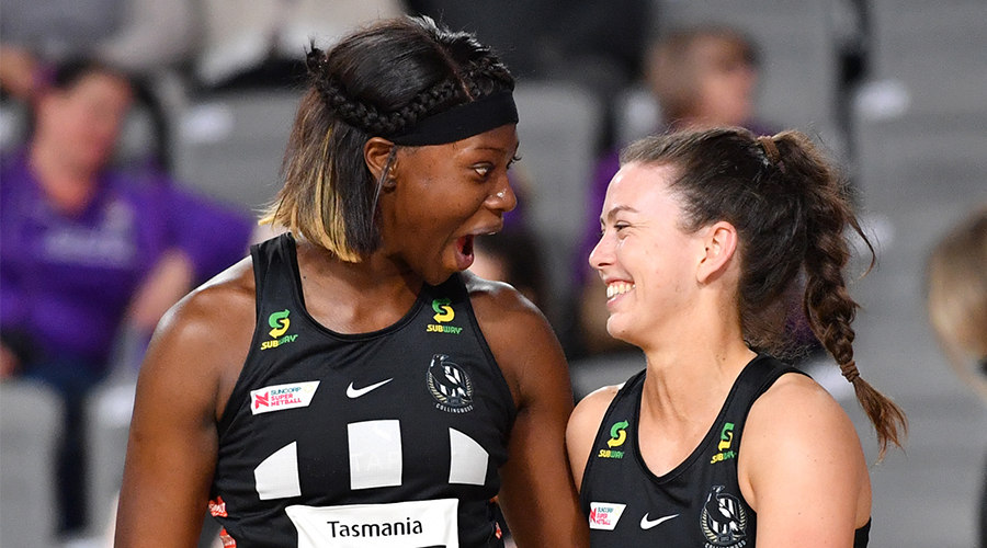 Shimona Nelson (left) and Gabrielle Sinclair (right) of the Magpies celebrate winning the round 3 Super Netball match between the Queensland Firebirds and the Collingwood Magpies at Nissan Arena, Brisbane, Tuesday, August 11, 2020.