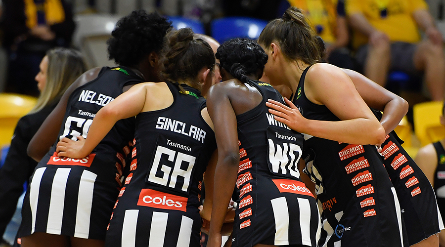 The Collingwood Magpies huddle during the Round 2 Super Netball match between the Sunshine Coast Lightning and Collingwood Magpies at USC Stadium on the Sunshine Coast, Sunday, August 9, 2020.