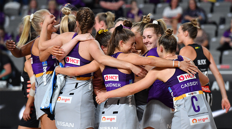 Firebirds players celebrate winning the Round 14 Super Netball match between the Collingwood Magpies and Queensland Firebirds at Nissan Arena in Brisbane, Saturday, September 26, 2020. 