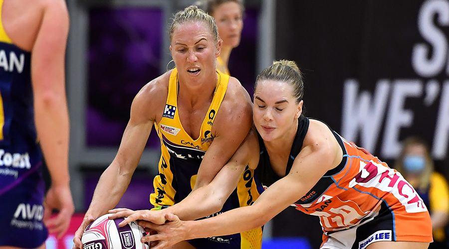 Laura Langman of the Lightning and Kiera Austin of the Giants compete for the ball during the Round 10 Super Netball match between the GSW Giants and Sunshine Coast Lightning at Sunshine Coast Stadium on the Sunshine Coast, Sunday, September 6, 2020