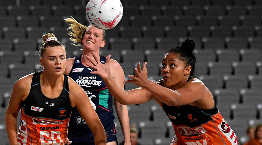 Kristina Manu’a of the Giants wins the ball during the Round 9 Super Netball match between the Melbourne Vixens and the NSW Giants at Nissan Arena, Brisbane, Tuesday, September 1, 2020. 