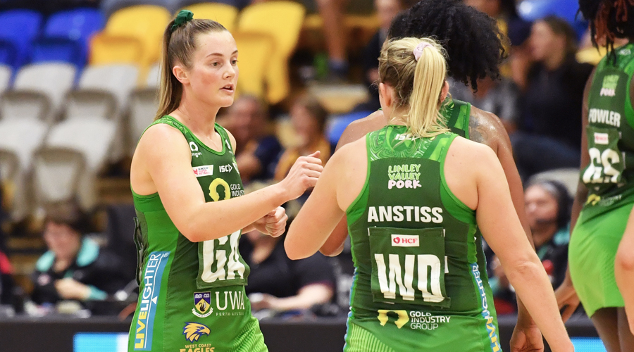 Alice Teague-Neeld (left) and Jess Anstiss (right) of the Fever are seen during the Round 11 Super Netball match between the Sunshine Coast Lightning and the West Coast Fever at USC Stadium, Sunshine Coast, Tuesday, September 8, 2020. 