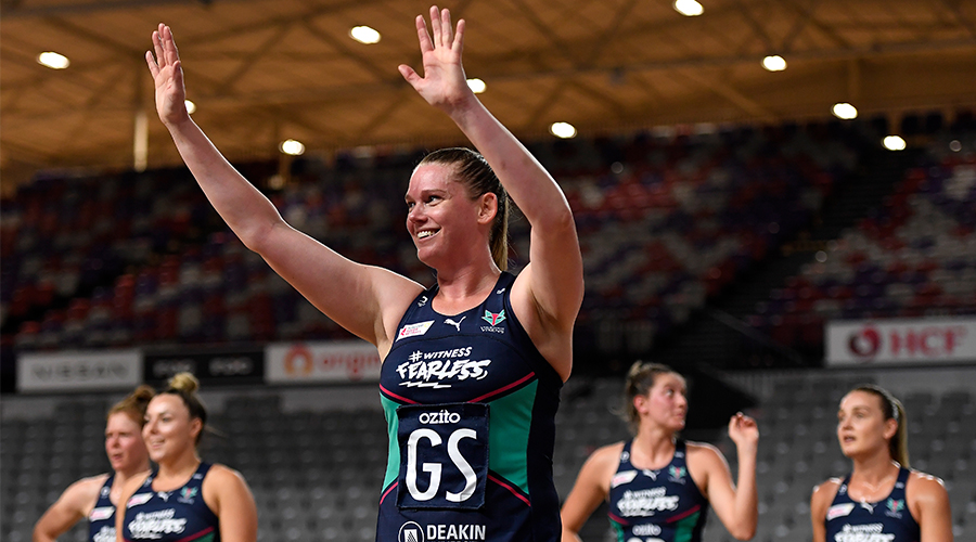 Caitlin Thwaites of the Vixens celebrates victory during the Round 9 Super Netball match between the Melbourne Vixens and the NSW Giants at Nissan Arena, Brisbane, Tuesday, September 1, 2020.