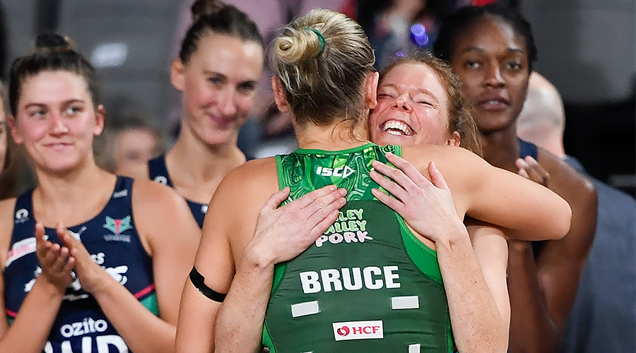 Tegan Philip of the Vixens hugs Courtney Bruce of the Fever during the Super Netball Grand Final between the Melbourne Vixens and West Coast Fever at Nissan Arena in Brisbane, Sunday, October 18, 2020.