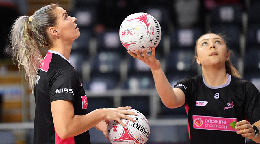 Lenize Potgieter and Georgie Horjus of the Thunderbirds warm up before the Round 11 Super Netball match between the Adelaide Thunderbirds and the Queensland Firebirds at Priceline Arena, Adelaide, Wednesday, September 9, 2020.