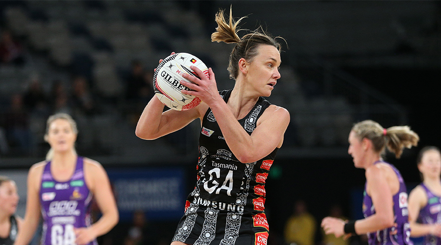 Nat Medhurst of the Magpies controls the ball during the Round 9 Super Netball match between the Collingwood Magpies and the Queensland Firebirds at Melbourne Arena in Melbourne, Sunday, June 23, 2019.