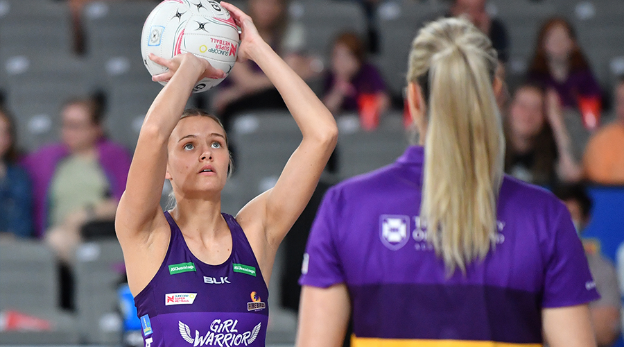 Tippah Dwan(left) of the Firebirds is seen warming up before the Round 14 Super Netball match between the Collingwood Magpies and Queensland Firebirds at Nissan Arena in Brisbane, Saturday, September 26, 2020. 