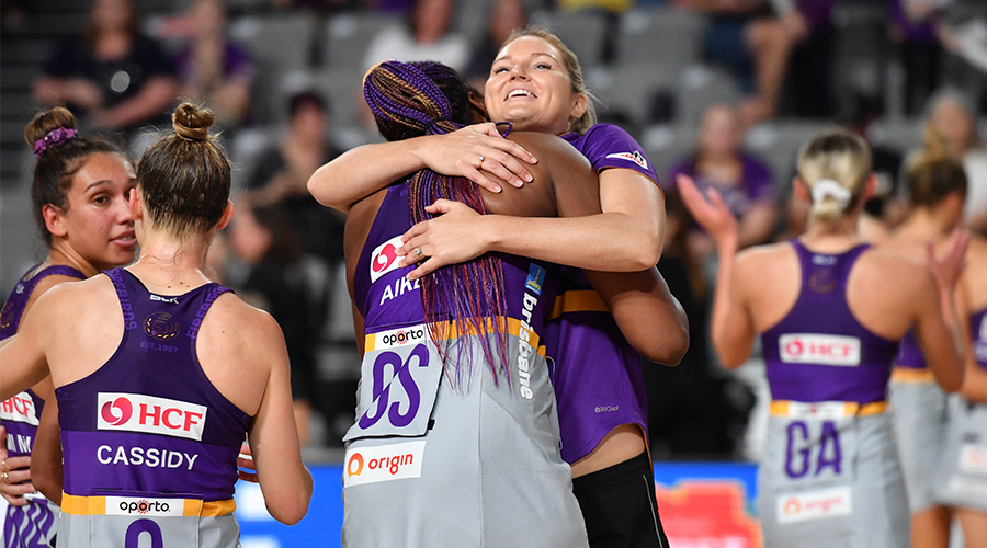 Gretel Bueta (right) hugs Romelda Aiken of the Firebirds after winning the Round 14 Super Netball match between the Collingwood Magpies and Queensland Firebirds at Nissan Arena in Brisbane, Saturday, September 26, 2020.