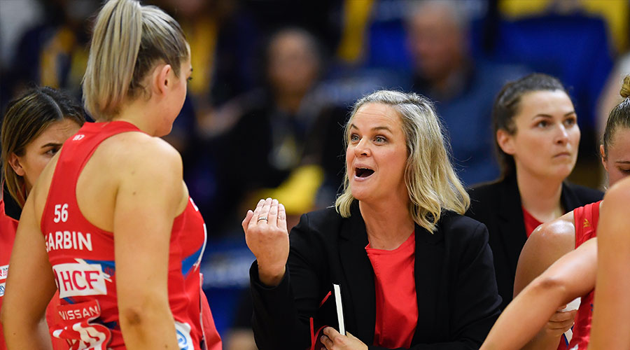NSW Swifts coach Briony Akle speaks to her players during the Round 4 Super Netball match between the Sunshine Coast Lightning and NSW Swifts at USC Stadium on the Sunshine Coast, Sunday, May 23, 2021.