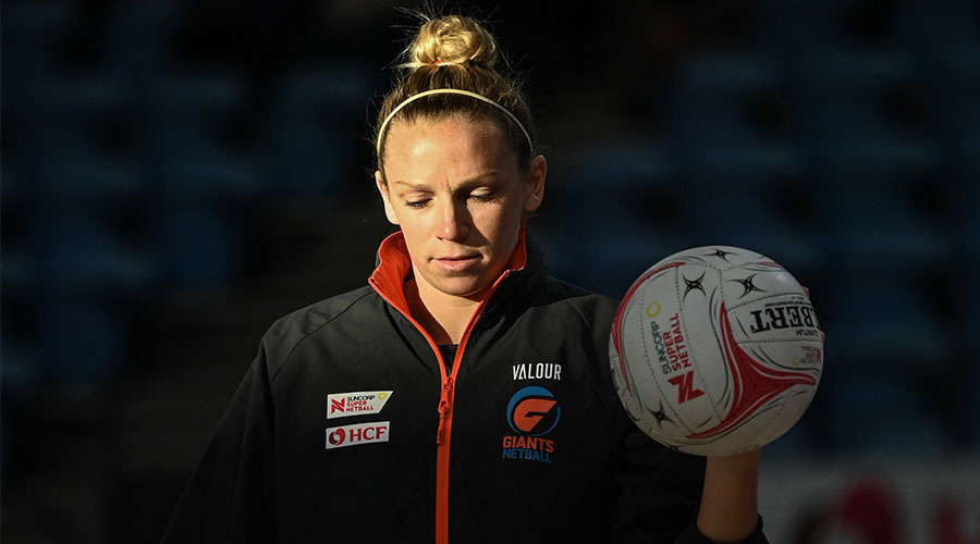 Jo Harten of the Giants practicing before the Round 3 Super Netball match between the GWS Giants and the Queensland Firebirds at Ken Rosewall Arena in Sydney, Sunday, May 16, 2021.