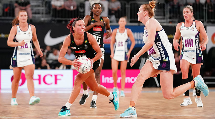 Kelsey Browne of the Magpies competes for the ball during the Round 1 Super Netball match between the Collingwood Magpies and Sunshine Coast Lightning at John Cain Arena, Melbourne, Saturday, May 1, 2021.