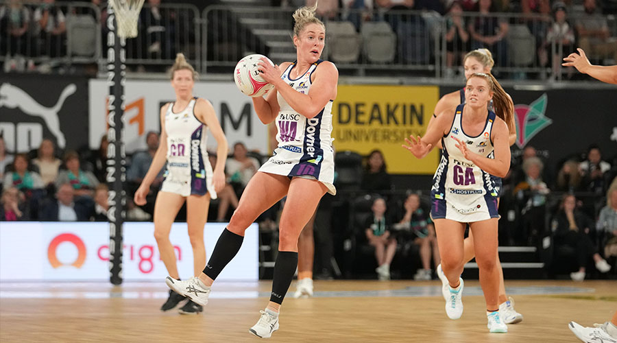 Laura Scherian of the Lightning competes for the ball during the Round 2 Super Netball match between the Melbourne Vixens and Sunshine Coast Lightning at John Cain Arena in Melbourne, Sunday, May 9, 2021. 