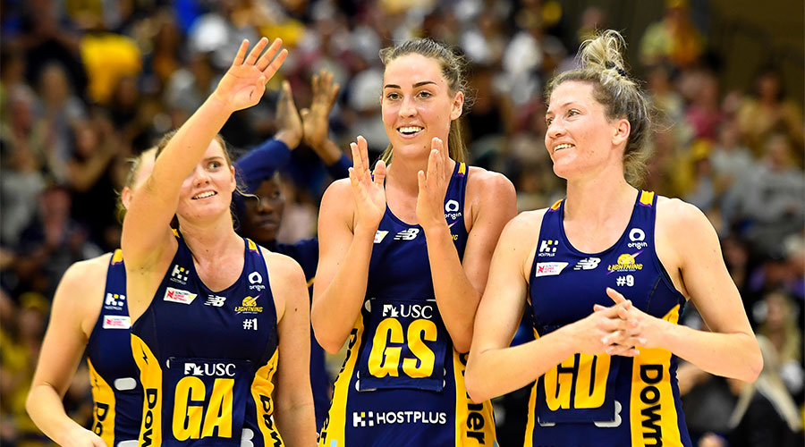 Sunshine Coast Lightning players celebrate their victory during the Round 4 Super Netball match between the Sunshine Coast Lightning and NSW Swifts at USC Stadium on the Sunshine Coast, Sunday, May 23, 2021. 