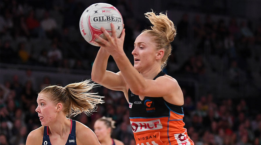 Maddie Hay of the Giants (right) in action during the Round 4 Super Netball match between the Melbourne Vixens and GWS Giants at John Cain Arena in Melbourne, Sunday, May 23, 2021. 