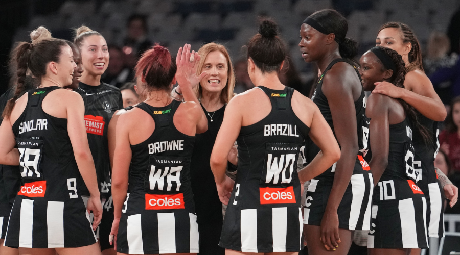 Nicole Richardson, coach of the Magpies and her team celebrate after winning the Round 3 Super Netball match between the Collingwood Magpies and Adelaide Thunderbirds at John Cain Arena in Melbourne, Saturday, May 15, 2021