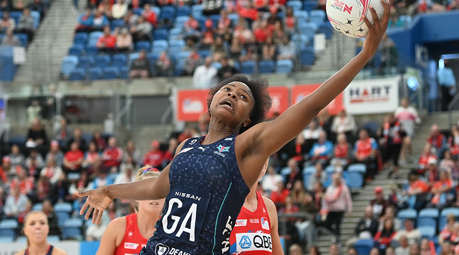 Mwai Kumwenda of the Vixens in action during the Round 3 Super Netball match between the NSW Swifts and the Melbourne Vixens at Ken Rosewall Arena in Sydney, Sunday, May 16, 2021. 