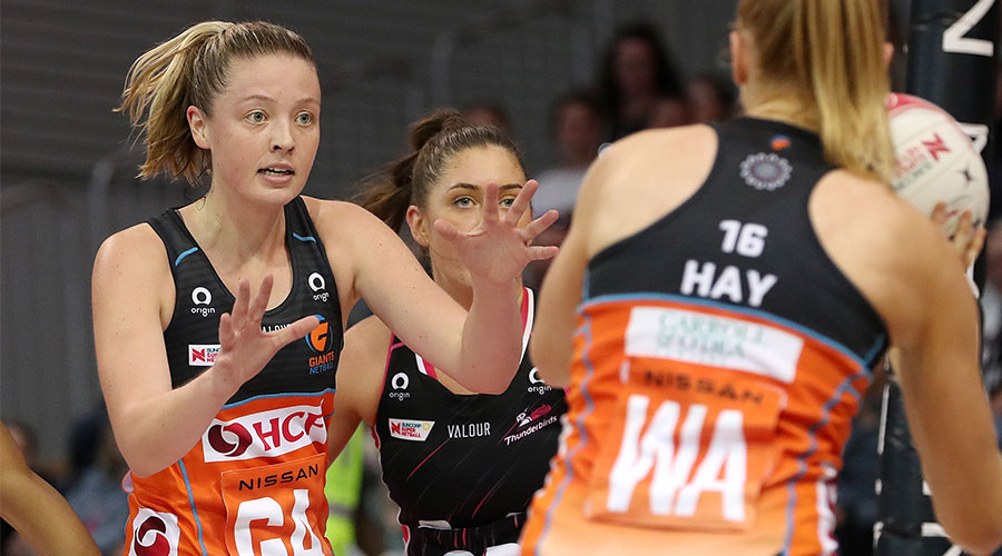Sophie Dwyer of the Giants during the Round 1 Super Netball match between the Adelaide Thunderbirds and GWS Giants at Netball SA Stadium in Adelaide, Sunday, May 2, 2021