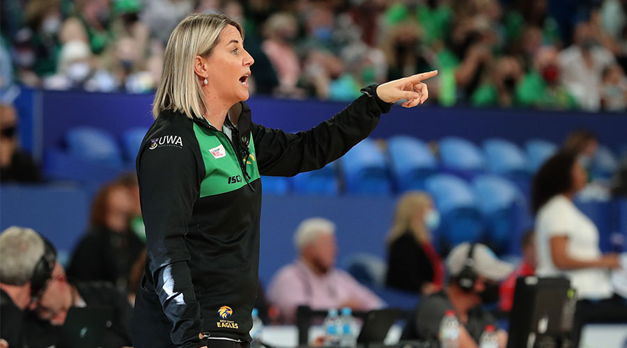 Stacey Marinkovich, head coach of West Coast Fever is seen during the Round 2 Super Netball match between the West Coast Fever and the NSW Swifts at RAC Arena in Perth, Saturday, May 8, 2021.