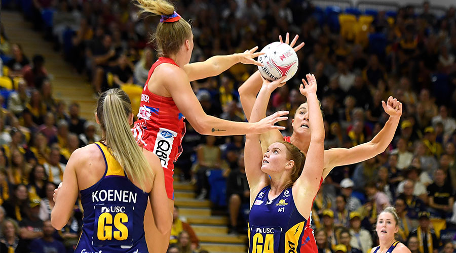 Stephanie Wood of the Lightning shoots under pressure during the Round 4 Super Netball match between the Sunshine Coast Lightning and NSW Swifts at USC Stadium on the Sunshine Coast, Sunday, May 23, 2021. 