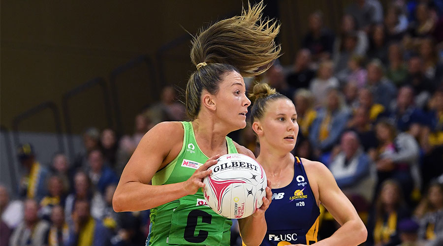 Verity Charles of the Fever (left) in action during the Round 3 Super Netball match between the Sunshine Coast Lightning and West Coast Fever at USC Stadium, Sunshine Coast, Saturday, May 15, 2021. (