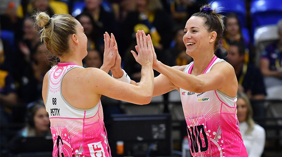 Hannah Petty (left) and Shadine Van Der Merwe (right) of the Thunderbirds are seen during the Round 6 Super Netball match between the Melbourne Vixens and Adelaide Thunderbirds at USC Stadium on the Sunshine Coast, Sunday, June 6, 2021.