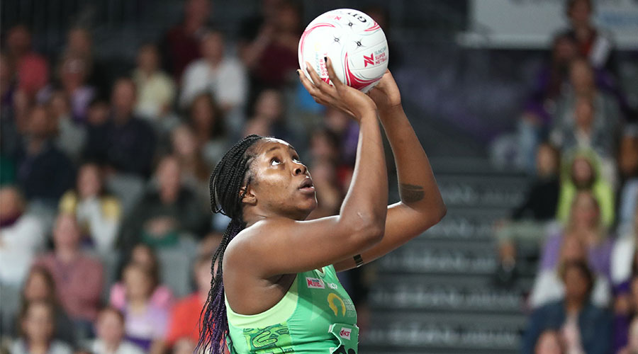 Jhaniele Fowler of the Fever during the Round 7 Super Netball match between the Queensland Firebirds and West Coast Fever at Nissan Arena in Brisbane, Sunday , June 13 , 2021.