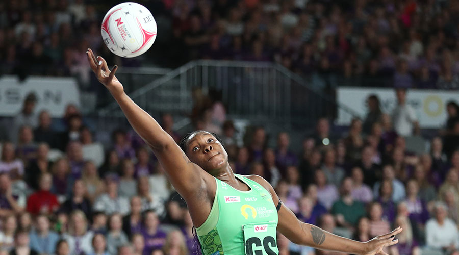 Jhaniele Fowler of the Fever in action during the Round 7 Super Netball match between the Queensland Firebirds and West Coast Fever at Nissan Arena in Brisbane, Sunday , June 13 , 2021.