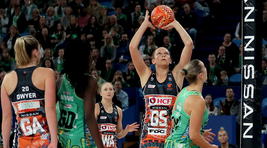 Jo Harten of the Giants shoots during the Round 5 Super Netball match between the West Coast Fever and GWS Giants at RAC Arena in Perth, Monday, May 31, 2021