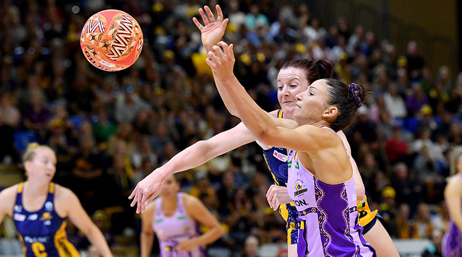 Kim Ravaillion of the Firebirds contests for the ball during the Round 6 Super Netball match between the Sunshine Coast Lightning and Queensland Firebirds at USC Stadium on the Sunshine Coast, Sunday, June 6, 2021.