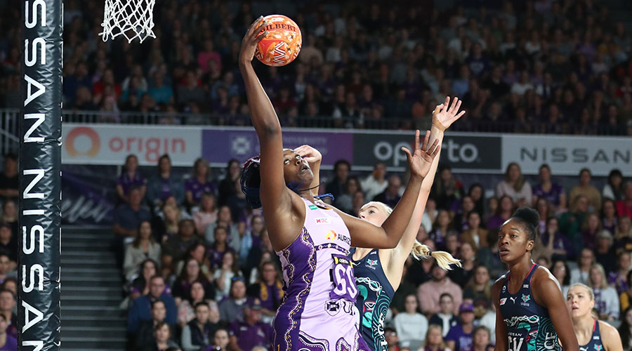 Romelda Aiken of the Firebirds in action during the Round 5 Super Netball match between the Queensland Firebirds and the Melbourne Vixens at Nissan Arena in Brisbane, Saturday , May 29 , 2021 . 